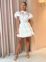 Princess sweet and lovely water-soluble lace openwork dress with belt