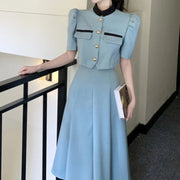Two Piece Sets Womens Outifits Puff Sleeve Korean Fashion Elegant Summer Sweet Crop Top High Waist  A-Line Long Skirt Office