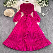 High quality pleated dress, V-neck, long lantern sleeves, elastic laces, oversized ruffles