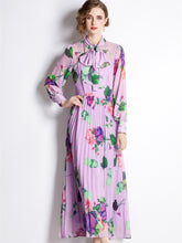High Quality Floral Print Maxi Long Sleeve Pleated Dress