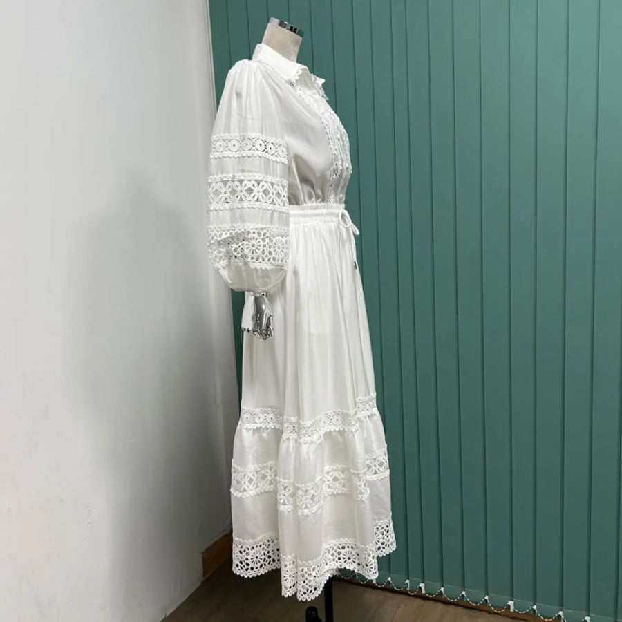 Lantern-sleeved long-sleeved shirt + elastic waist lace splicing hollow-out skirt skirt suit