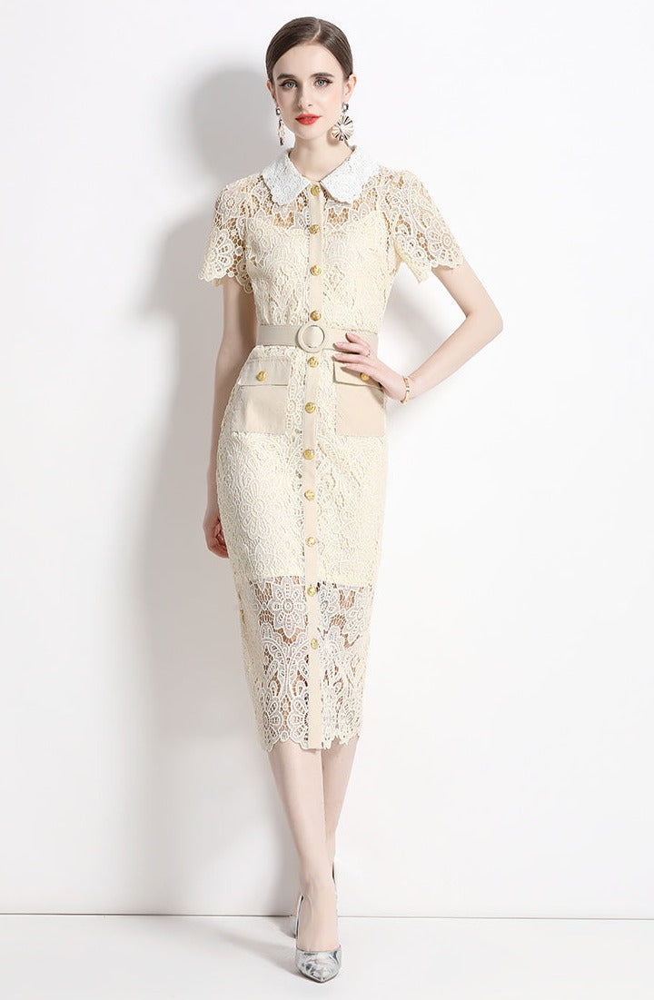 High Quality Button Pocket Lace Knee-Length Temperament Slim High Waist Pencil Dress