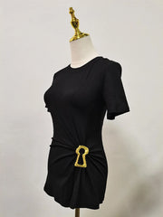Casual plain pleated patchwork round neck short sleeve t-shirts with spliced metal buckle