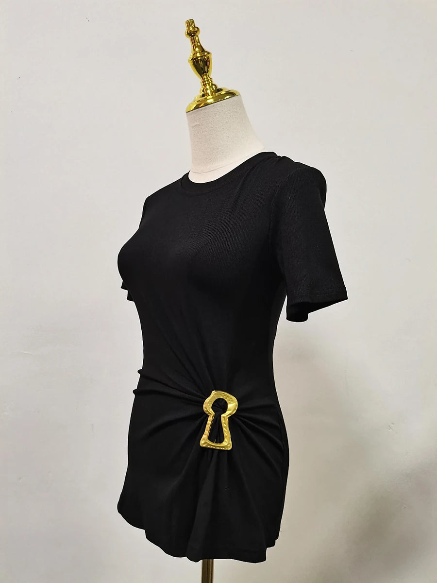 Casual plain pleated patchwork round neck short sleeve t-shirts with spliced metal buckle