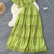 Luxury Long Dresses 2 Piece Sets Women Summer Holiday Hollow Out Crop Tops Elastic Waist Maxi Skirts Suits A Line Party Vestidos