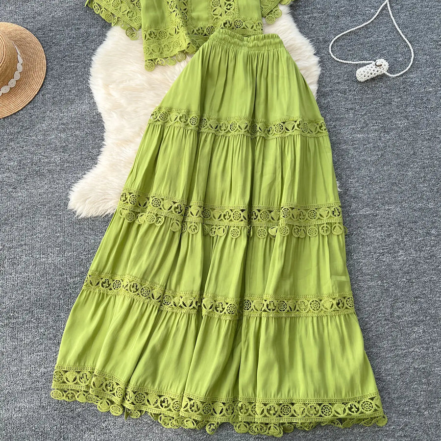 Luxury Long Dresses 2 Piece Sets Women Summer Holiday Hollow Out Crop Tops Elastic Waist Maxi Skirts Suits A Line Party Vestidos