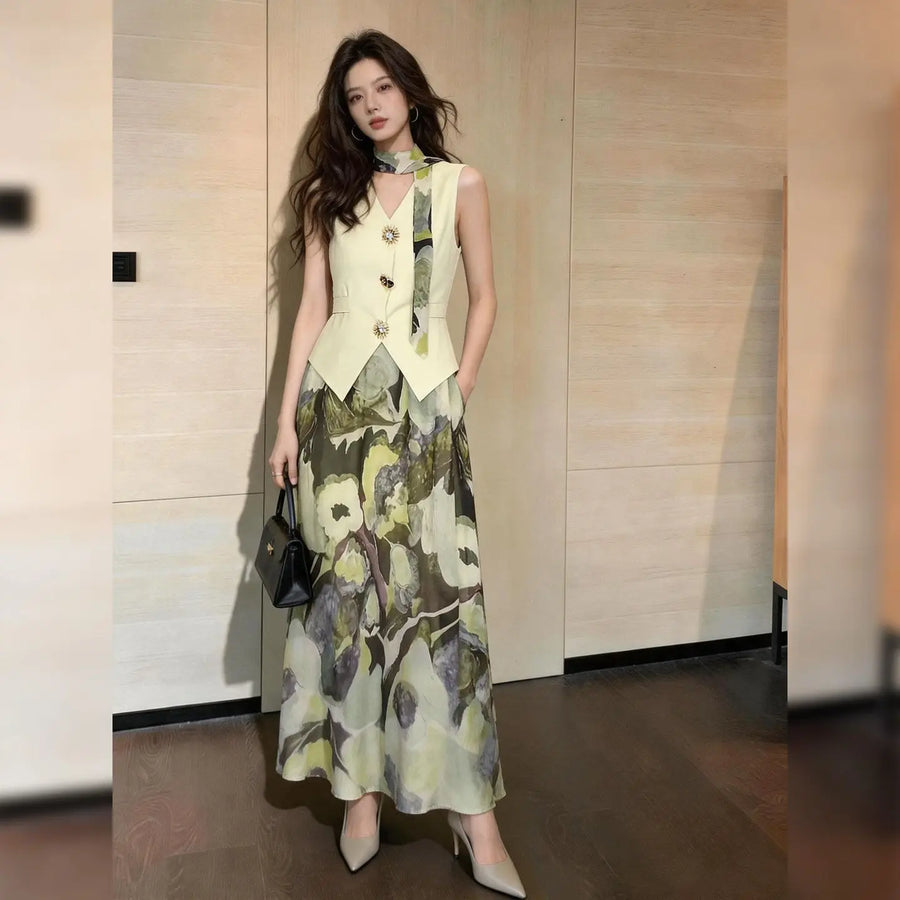 New Summer Office Lady Women's Suit Fashion V-neck Sleeveless Vest Top with Ribbon + A-line Printed Long Skirt Two Piece Set