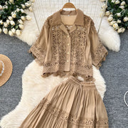 Luxury Long Dresses 2 Piece Sets Women Summer Holiday Hollow Out Crop Tops Elastic Waist Maxi Skirts Suits A Line Party Vestidos