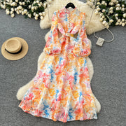 Crochet Lace Embroidery Hollow Out Floral Print Maxi Dress Autumn Women Long Lantern Sleeve Pearl Buttons Up Belt Prom Clothing