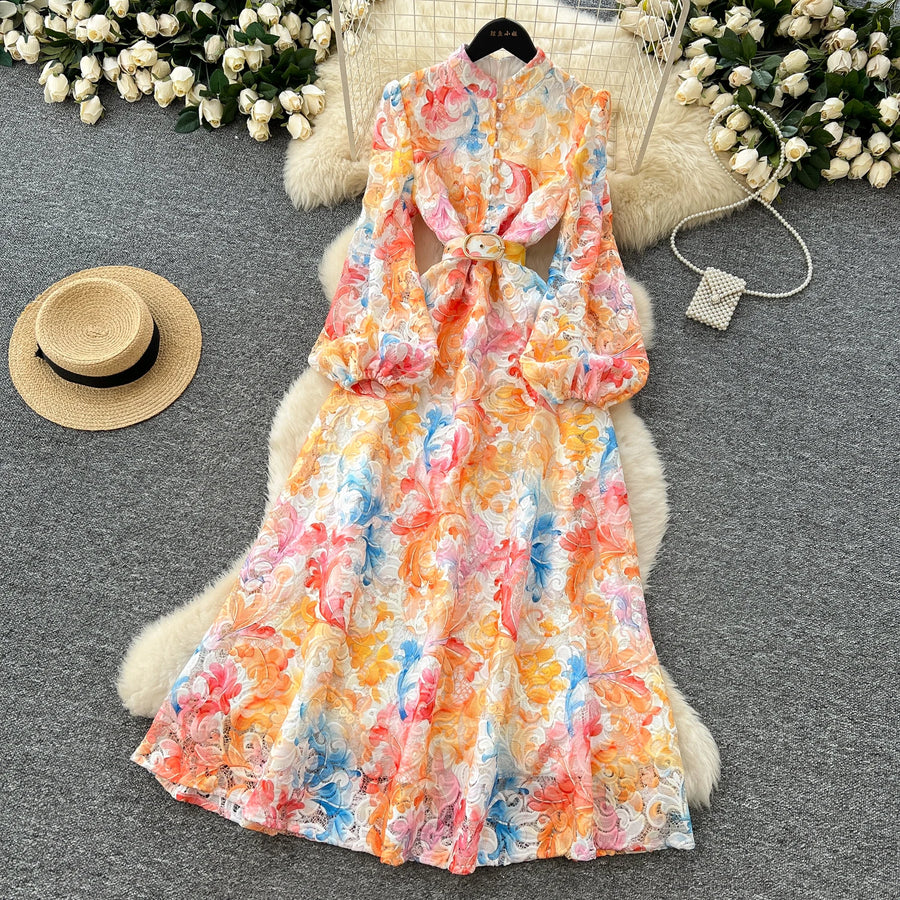 Crochet Lace Embroidery Hollow Out Floral Print Maxi Dress Autumn Women Long Lantern Sleeve Pearl Buttons Up Belt Prom Clothing