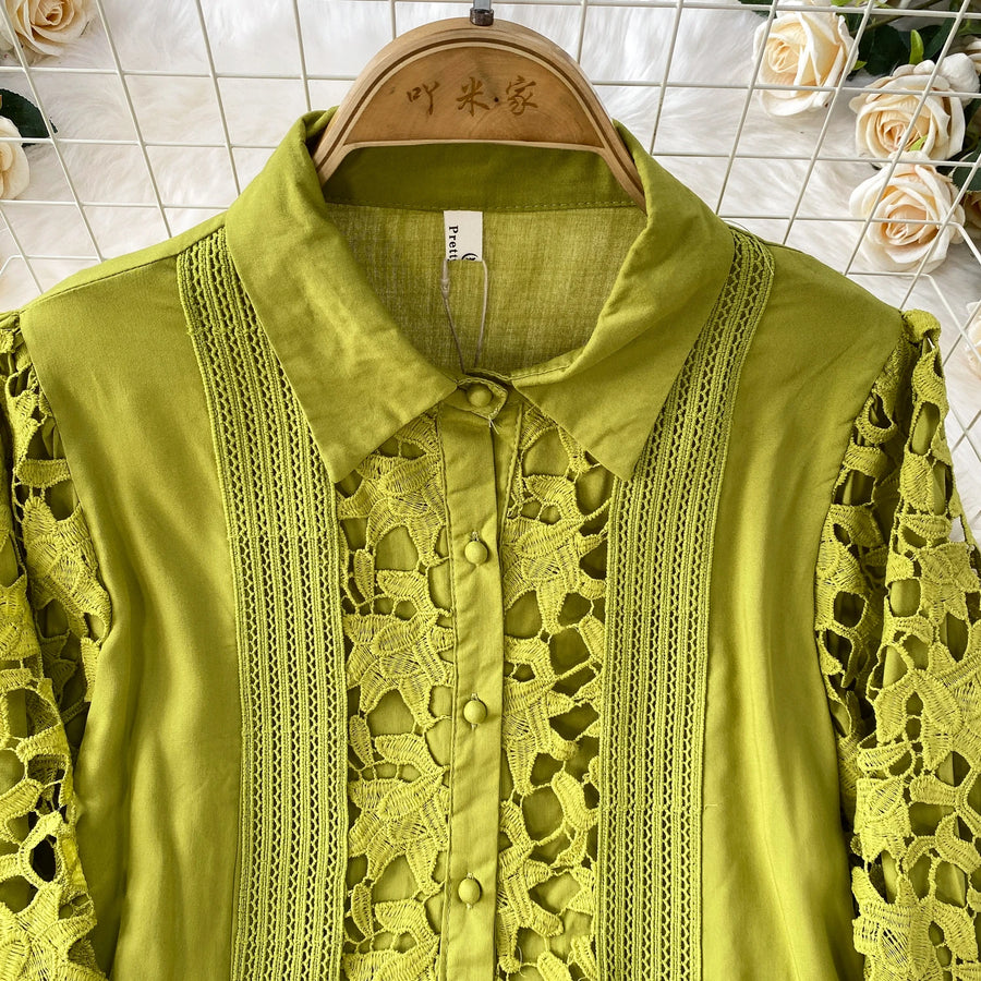 Skirt Sets Women Clothing Temperament Two Piece Set Patchwork Lace Blouses High Waist Hollow Out Long Skirts Suit Summer Outfits