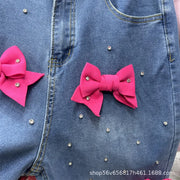 Age Reduction Female Two-piece Set Cute Bow Diamonds Beads O-neck Pullover T-shirt Top + High Waist Straight Denim Pants Suits