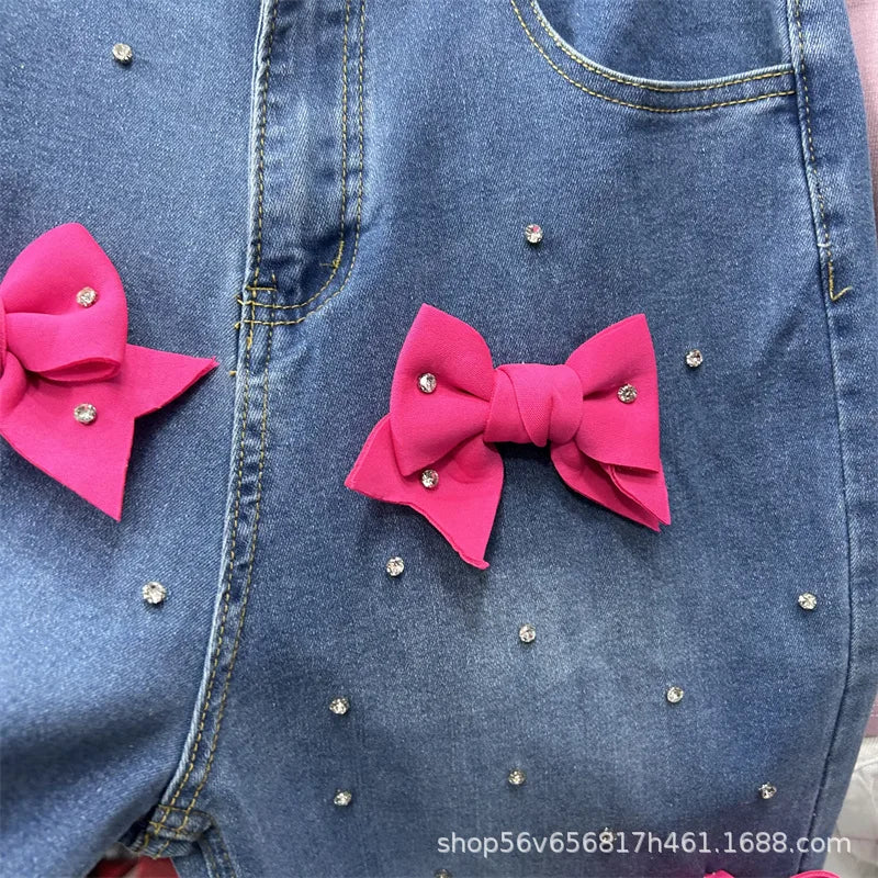 Age Reduction Female Two-piece Set Cute Bow Diamonds Beads O-neck Pullover T-shirt Top + High Waist Straight Denim Pants Suits