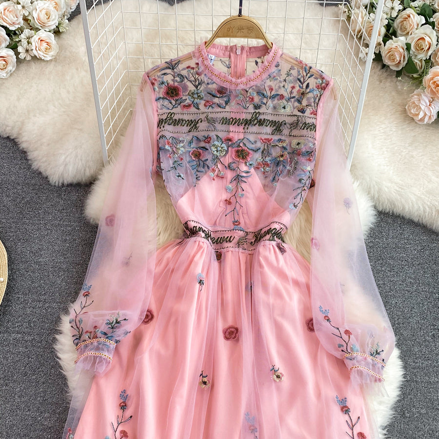 Temperament Flower Letter Embroidery Dress Long Sleeve Mesh Lace Ruffles High Quality