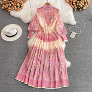 High Quality High Neck Lantern Sleeve Floral Print Dress