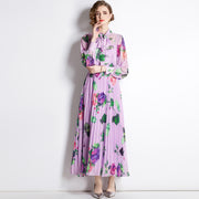 High Quality Floral Print Maxi Long Sleeve Pleated Dress