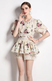 Flower Embroidery Lace Shorts Set Elegant Lantern Sleeve Shirt+Wide Leg Shorts High Quality