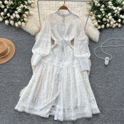 Elegant round neck fitted long dress, vintage style, long lantern sleeves, embroidery, single breasted, French evening style
