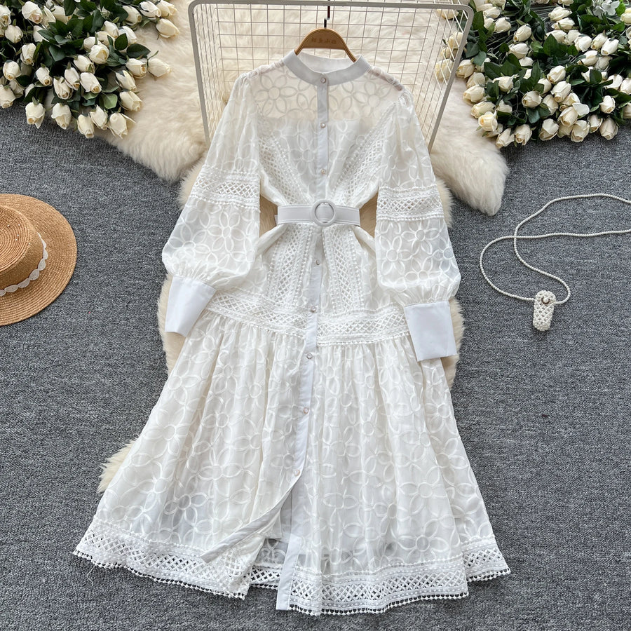 Elegant round neck fitted long dress, vintage style, long lantern sleeves, embroidery, single breasted, French evening style