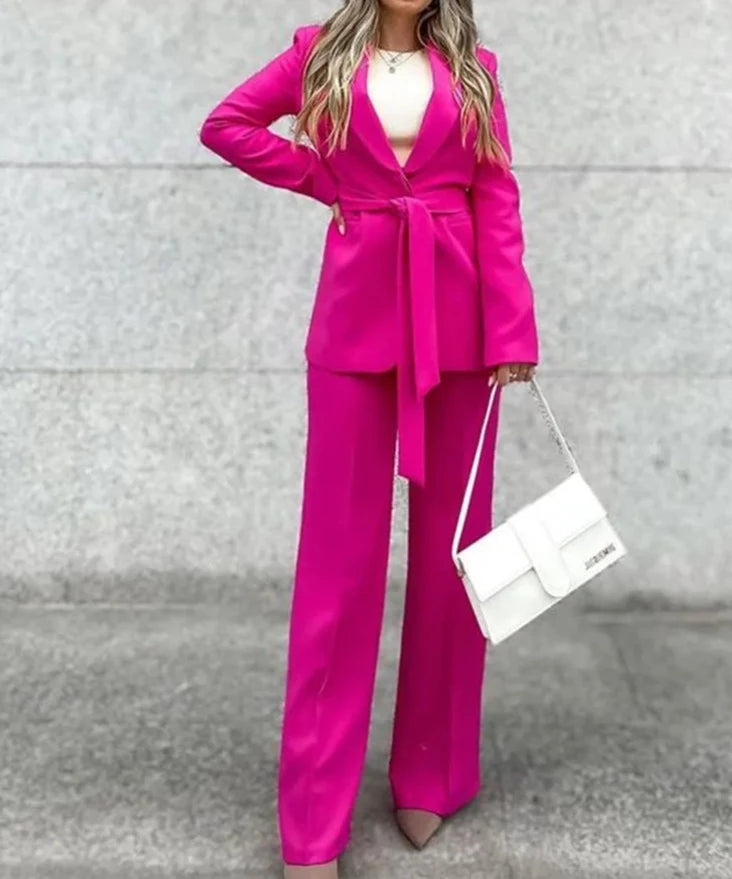 Elegant Solid 2 Piece Set Long Sleeve Belted Jacket Coat + High Waist Zipper Pants High Quality