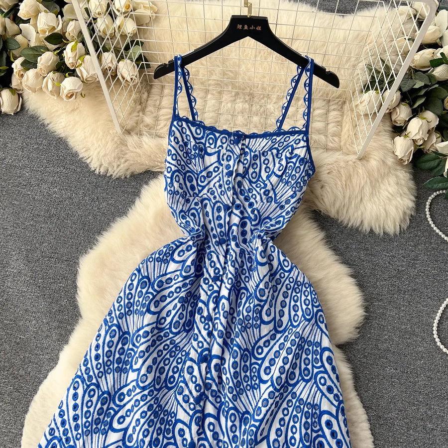 Quality Spaghetti Straps Ruffles Backless Sexy Hollow Out Embroidery Dress Blue / M Quality Spaghetti Straps Ruffles Backless Sexy Hollow Out Embroidery Dress Blue / M