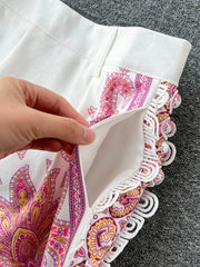 Spring New Lace Trim Printed Pattern Long-sleeved Shirts + High Waist Belted Shorts Women 2pcs Fashion Suits