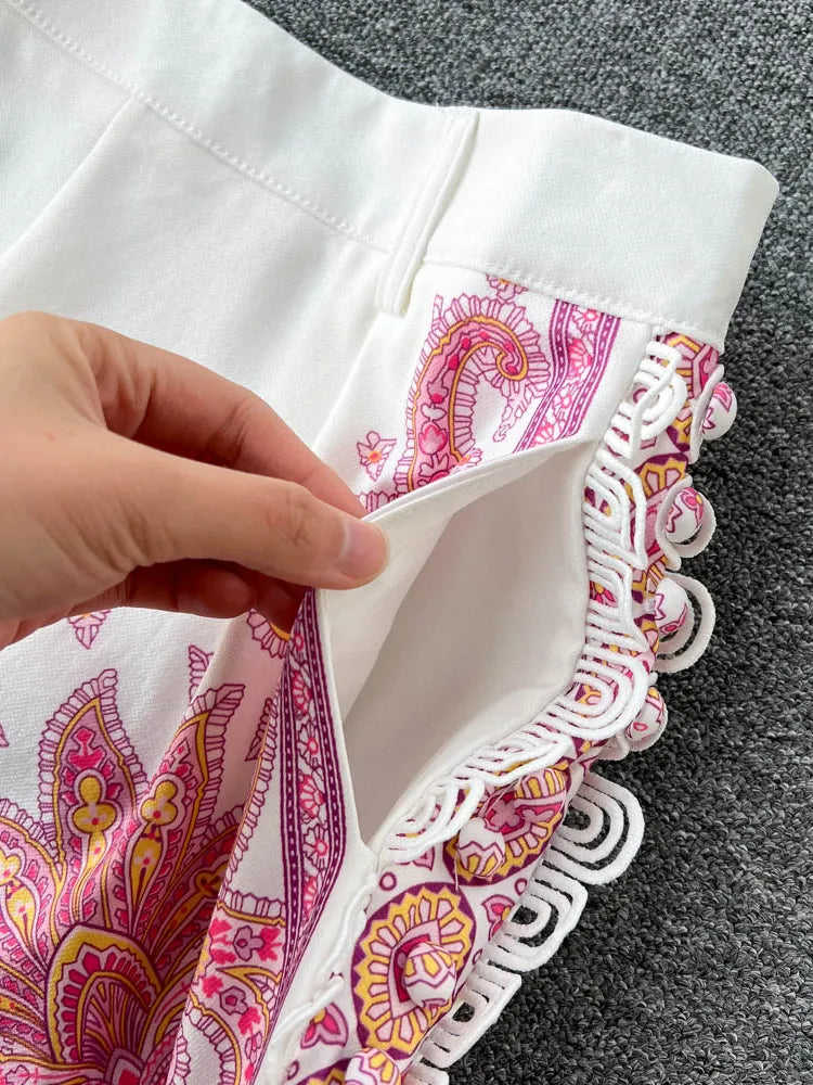 Spring New Lace Trim Printed Pattern Long-sleeved Shirts + High Waist Belted Shorts Women 2pcs Fashion Suits