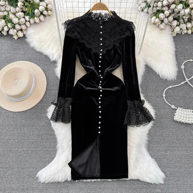 High Quality Bodycon Bodycon Pearl Buttons Flare Sleeve Lace Patchwork Velvet Dress