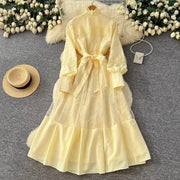 Fashion Women's Embroidery Dresses Stand Collar High Waist Lantern Sleeve Lace Spliced Long Sleeve Elegant Dress Female