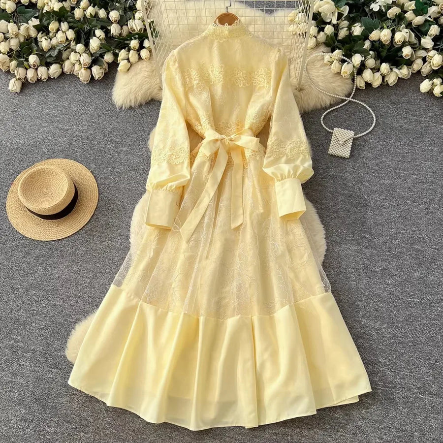 Fashion Women's Embroidery Dresses Stand Collar High Waist Lantern Sleeve Lace Spliced Long Sleeve Elegant Dress Female