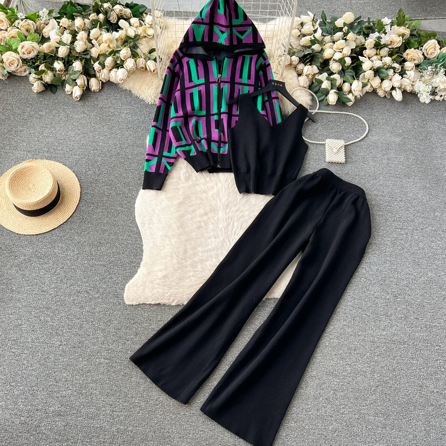 3 Piece Set Stylish Cardigan Tank Top+Pants High Quality