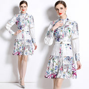 High Quality Support Long Sleeve Flower Print Belted Knee Length Dresses