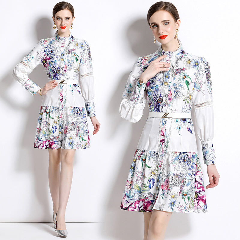 High Quality Support Long Sleeve Flower Print Belted Knee Length Dresses