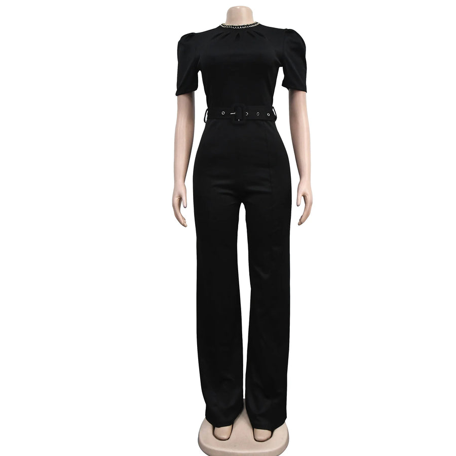 High Neck, Chain, Short Sleeve, Floor Length High Quality Wide Leg Jumpsuit