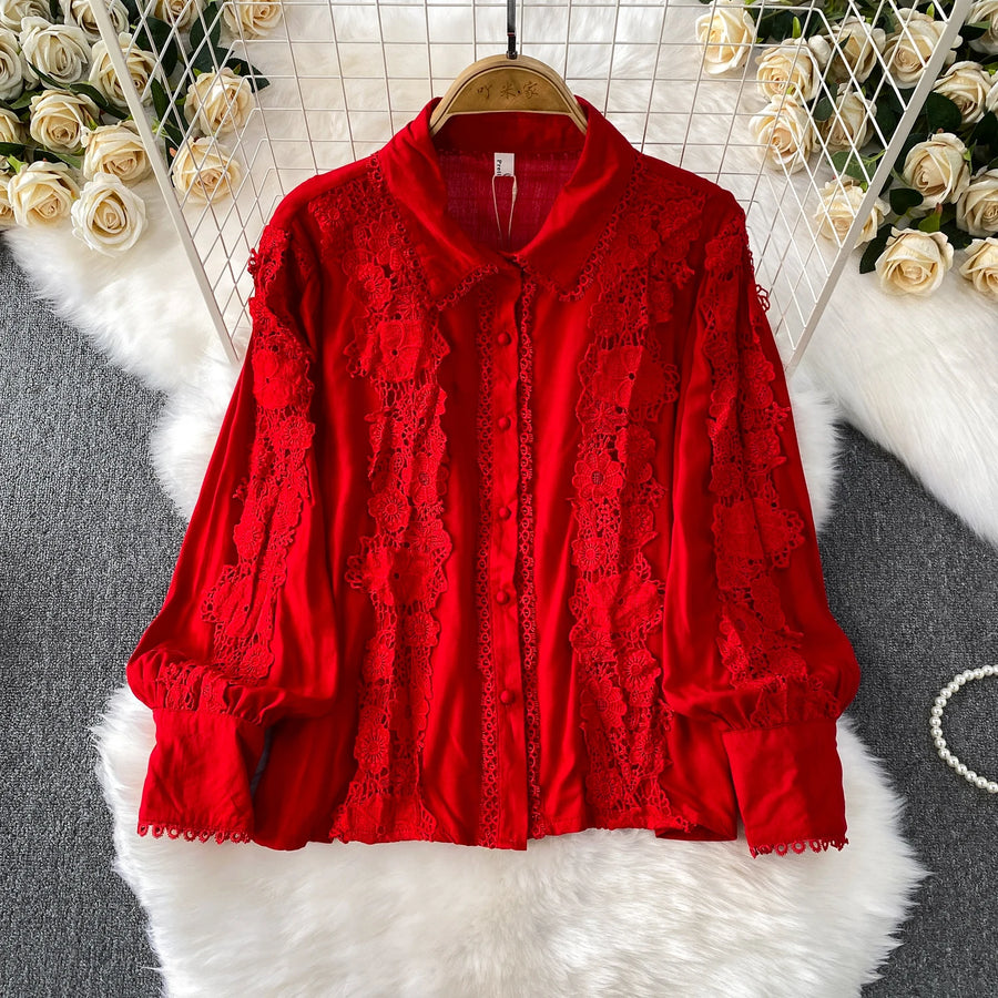 Women Lace Patchwork Pants Set Single Breasted Long Sleeved Shirt Elastic Waisted Trousers Suit Summer Female 2 pieces Sets