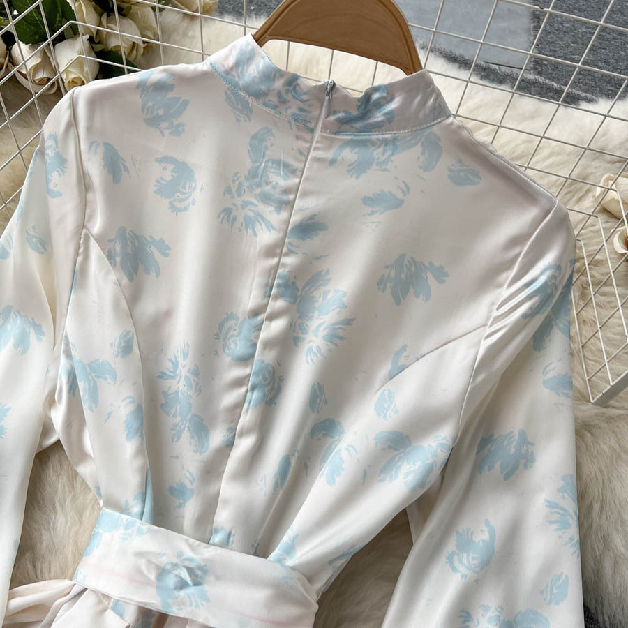 High Quality Satin Belted Floral Print Lantern Sleeve Dress