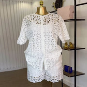 Hollow Out Women's Set Short Sleeve Shirt and Shorts Suit  Summer OL Fashion Two 2 Piece Sets Outfit Tracksuit