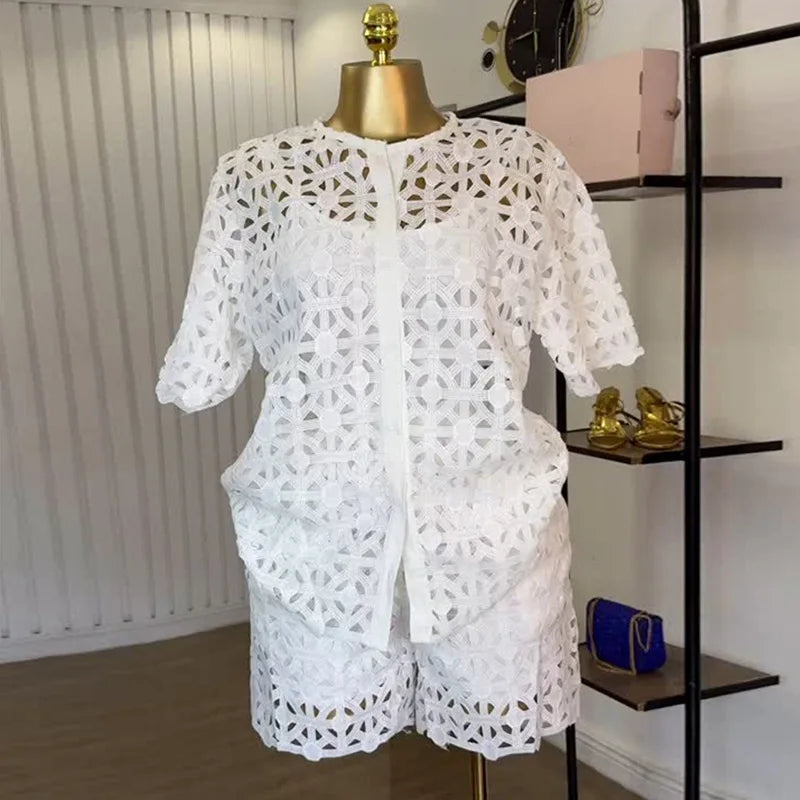 Hollow Out Women's Set Short Sleeve Shirt and Shorts Suit  Summer OL Fashion Two 2 Piece Sets Outfit Tracksuit