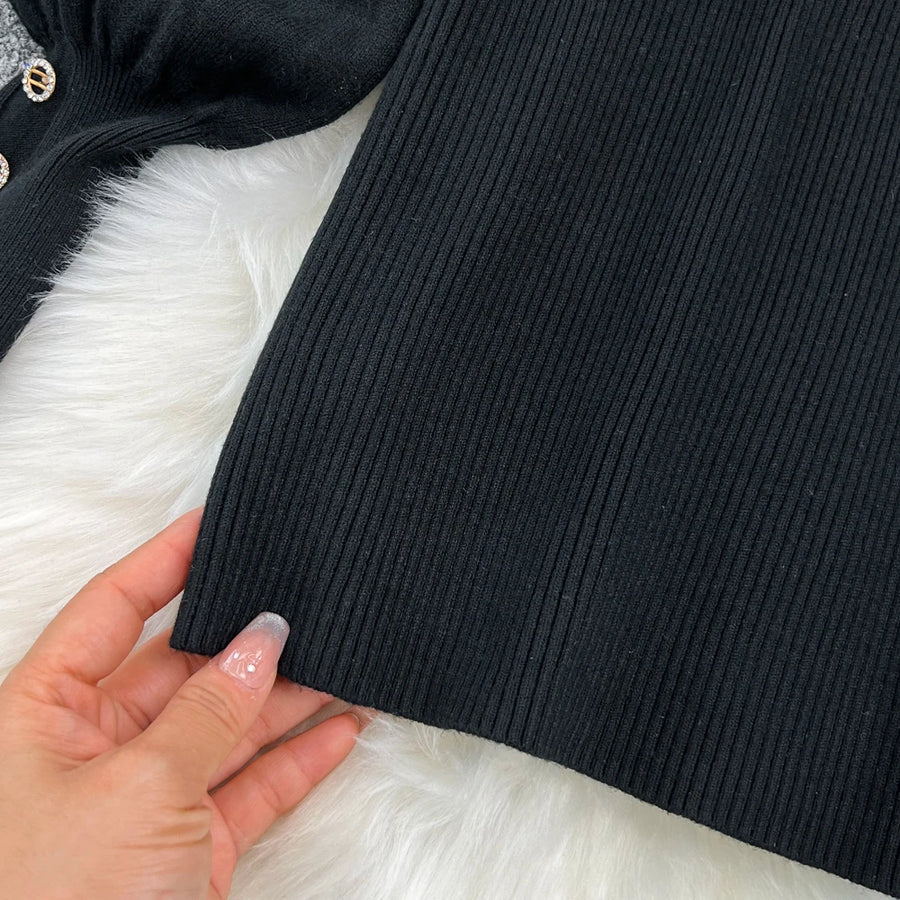 Women Elegant Style Two-piece Winter Lantern Long Sleeve Stand Collar Slim Knit Top High Waist Plaid Skirt Two-piece Set Women