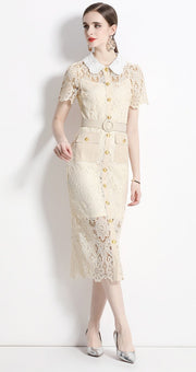 High Quality Button Pocket Lace Knee-Length Temperament Slim High Waist Pencil Dress