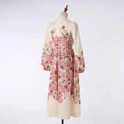 Elegant dress with floral print, high neck, long sleeves with high-quality belt