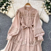 Elegant retro style slit maxi dress with pearl buttons and high-quality crochet embroidery
