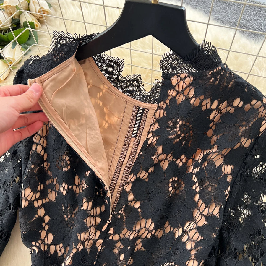 Chic vintage Hook flower hollow lace long sleeve Elegant Fairy korean fashion autumn Party women clothing