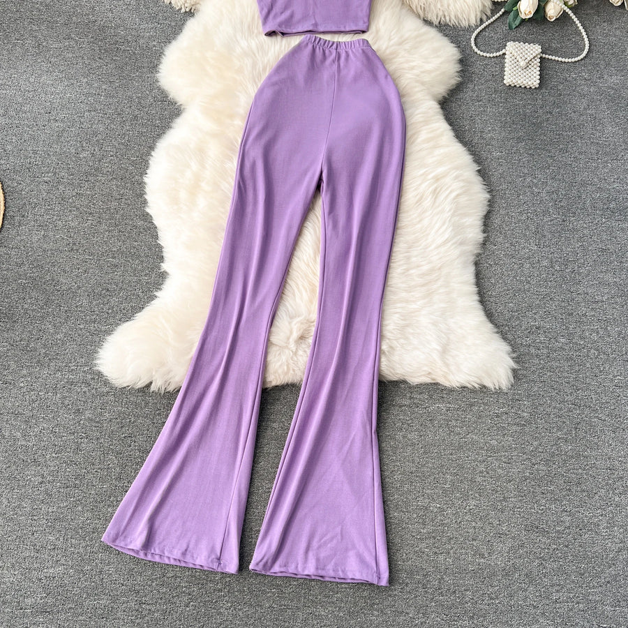 2 Piece Sets High Quality Skinny Crop Tops + Long Flare Pants