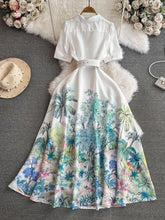 High Quality Flared Belt Notched Short Sleeve Floral Print Maxi Dress