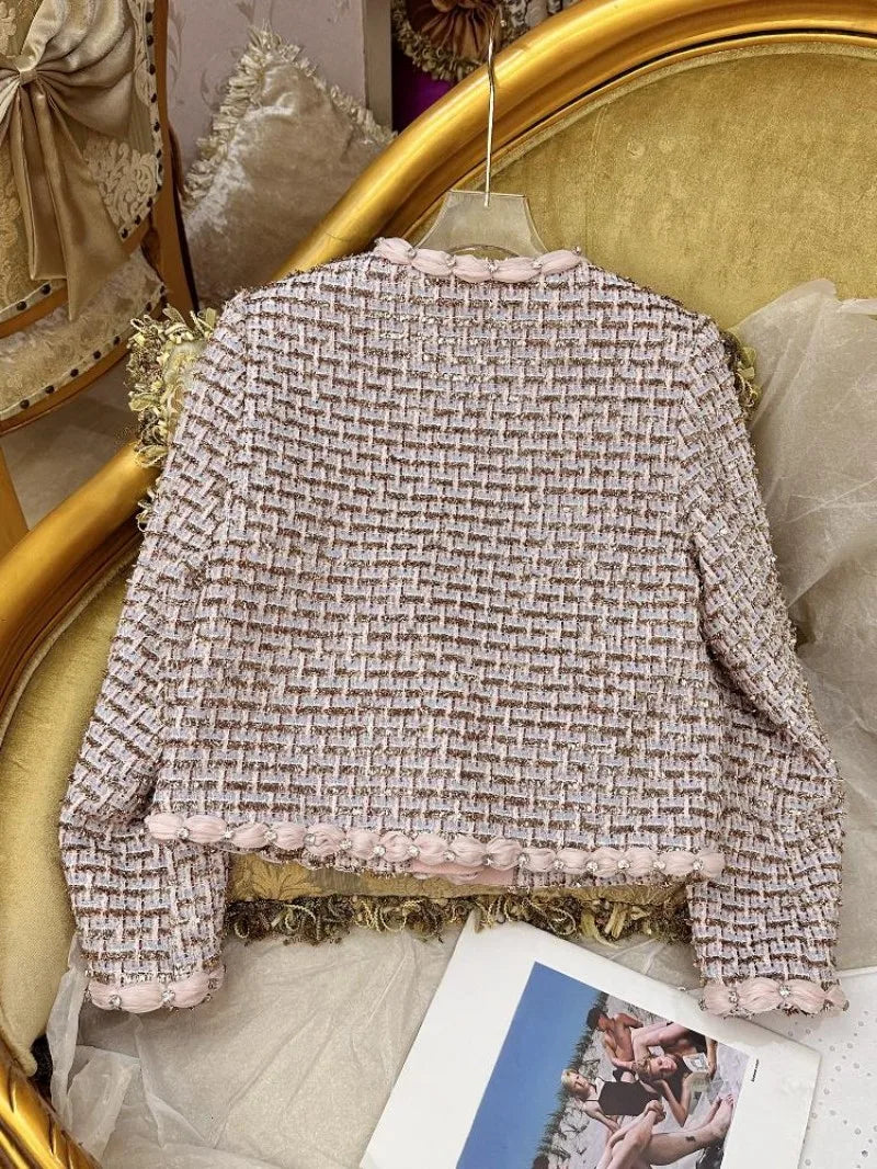 Autumn Winter Office Women Mixed Color Fit Sets Golden Silk O Neck Two Piece Set Tweed Jacket Slim Half Skirt Set Elegant Lady