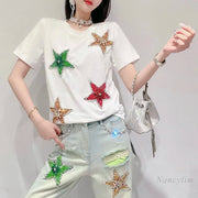 Design Sense Exquisite Rhinestone Five-pointed Star Short-Sleeved T-shirt for Women Summer New Loose Embroidered Tops Tees