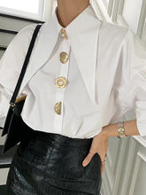 High quality white button down shirt, pointed collar, long puff sleeve
