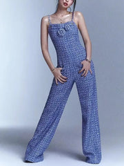 Designer Women Autumn Suspenders Jumpsuit Pearls Beading Strap Long Wide Leg Pants High Street One Piece Tweed Jumpsuits