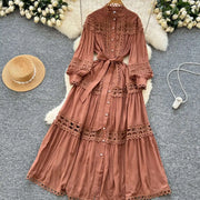 Elegant retro style slit maxi dress with pearl buttons and high-quality crochet embroidery